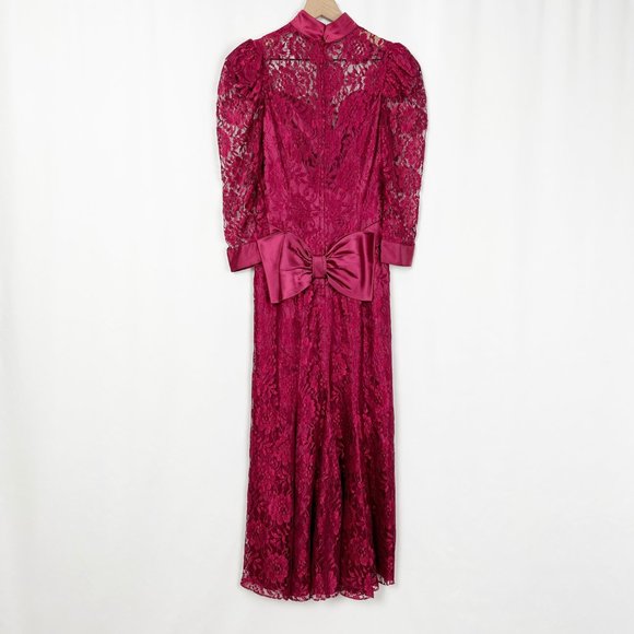 Vintage Union Made 80s Lace Puff Poof Sleeve Satin Maxi Dress Princess Victorian - Picture 7 of 9